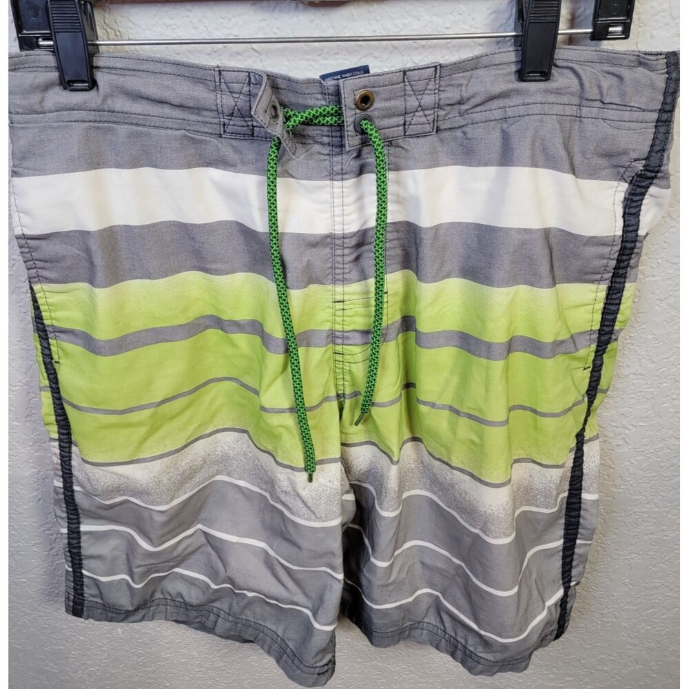 George Menβs Swim Trunks Size M 32-34 Gray Green Striped Board Shorts Drawstring